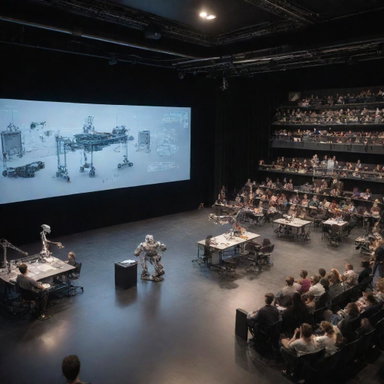 A theater on the Seine River set as a robotics laboratory: Robots perform on stage under the watchful eyes of professors; Background filled with advanced equipment, diagrams, and scientific notations.
