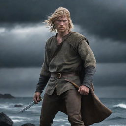 A dramatic portrayal of Thorfinn from the 'Vinland Saga'. Show him in a rugged dark fantasy setting, armed with dual short swords. Capture his intense gaze against the backdrop of a stormy Nordic landscape.