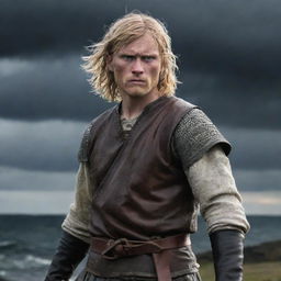 A dramatic portrayal of Thorfinn from the 'Vinland Saga'. Show him in a rugged dark fantasy setting, armed with dual short swords. Capture his intense gaze against the backdrop of a stormy Nordic landscape.