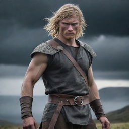 A dramatic portrayal of Thorfinn from the 'Vinland Saga'. Show him in a rugged dark fantasy setting, armed with dual short swords. Capture his intense gaze against the backdrop of a stormy Nordic landscape.