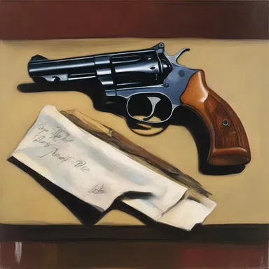The artist painted a still life depicting a revolver lying on a table.