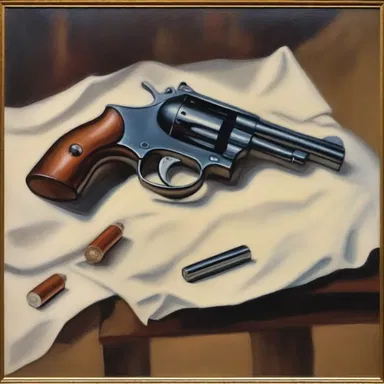 The artist painted a still life depicting a revolver lying on a table.