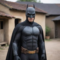 A Batman-influenced superhero dressed in black, located in a rustic village setting, donning a unique mask