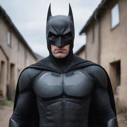 A Batman-influenced superhero dressed in black, located in a rustic village setting, donning a unique mask