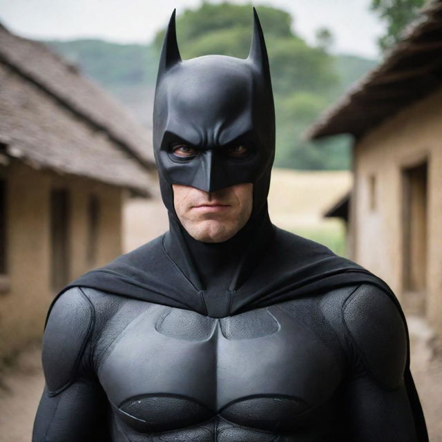 A Batman-influenced superhero dressed in black, located in a rustic village setting, donning a unique mask