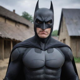 A Batman-influenced superhero dressed in black, located in a rustic village setting, donning a unique mask