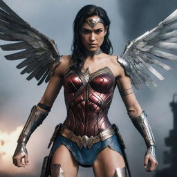 An injured female video game character in a damaged, dangerous cyborg gear with broken metal wings, reminiscent of a battle-scarred Wonder Woman