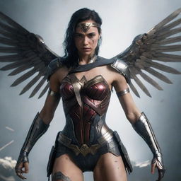 An injured female video game character in a damaged, dangerous cyborg gear with broken metal wings, reminiscent of a battle-scarred Wonder Woman