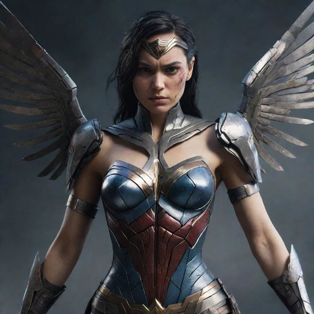 An injured female video game character in a damaged, dangerous cyborg gear with broken metal wings, reminiscent of a battle-scarred Wonder Woman