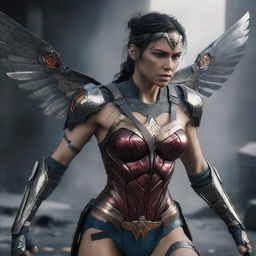 An injured female video game character in a damaged, dangerous cyborg gear with broken metal wings, reminiscent of a battle-scarred Wonder Woman