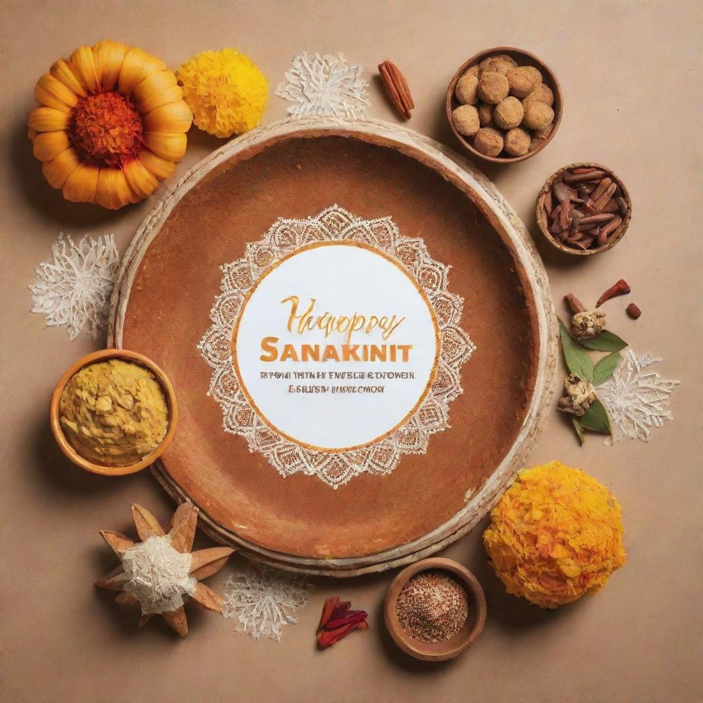 Generate an Instagram post for Makar Sankranti event. It should show unique imagery of the celebration along with additives and Tilgul sweets. Incorporate an inspirational quote and the greeting 'Happy Makar Sankranti'.