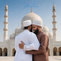 Two Muslim brothers in traditional attire sharing a tender hug, with a beautifully intricate mosque as the backdrop. In the foreground, the words 'Big event coming soon...' are elegantly written.