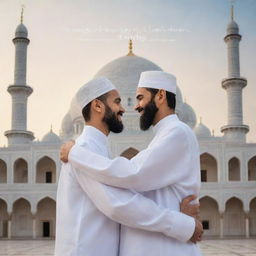 Two Muslim brothers in traditional attire sharing a tender hug, with a beautifully intricate mosque as the backdrop. In the foreground, the words 'Big event coming soon...' are elegantly written.