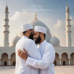 Two Muslim brothers in traditional attire sharing a tender hug, with a beautifully intricate mosque as the backdrop. In the foreground, the words 'Big event coming soon...' are elegantly written.