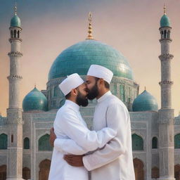 Two Muslim brothers in traditional attire sharing a tender hug, with a beautifully intricate mosque as the backdrop. In the foreground, the words 'Big event coming soon...' are elegantly written.