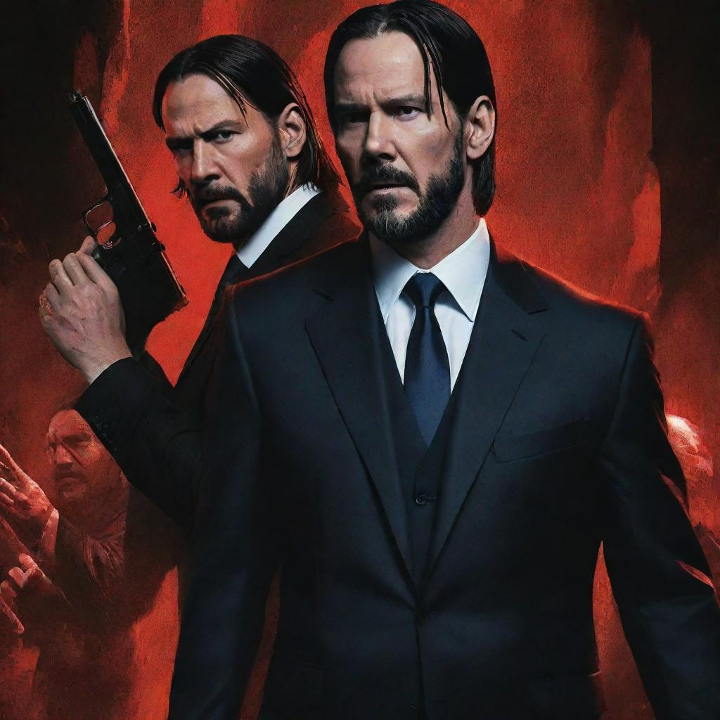 Generate an action-packed poster featuring John Wick and John Cena in a stylized, intense layout, with a touch of devil motif