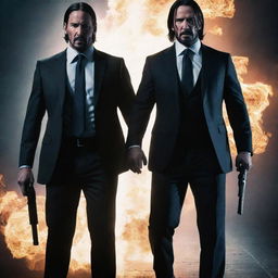 Generate an action-packed poster featuring John Wick and John Cena in a stylized, intense layout, with a touch of devil motif