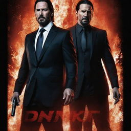 Generate an action-packed poster featuring John Wick and John Cena in a stylized, intense layout, with a touch of devil motif