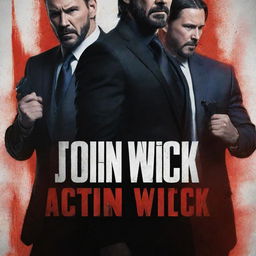 Generate an action-packed poster featuring John Wick and John Cena in a stylized, intense layout, with a touch of devil motif