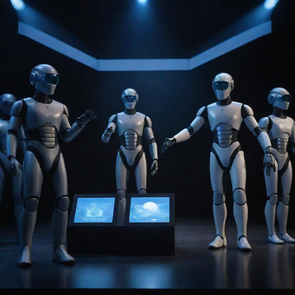 A science theater scene elaborating on technology and Artificial Intelligence, featuring actors in futuristic costumes, interactive digital displays and AI-controlled machines on an advanced stage setup.