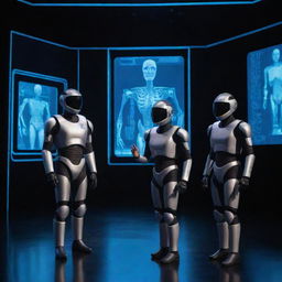 A science theater scene elaborating on technology and Artificial Intelligence, featuring actors in futuristic costumes, interactive digital displays and AI-controlled machines on an advanced stage setup.