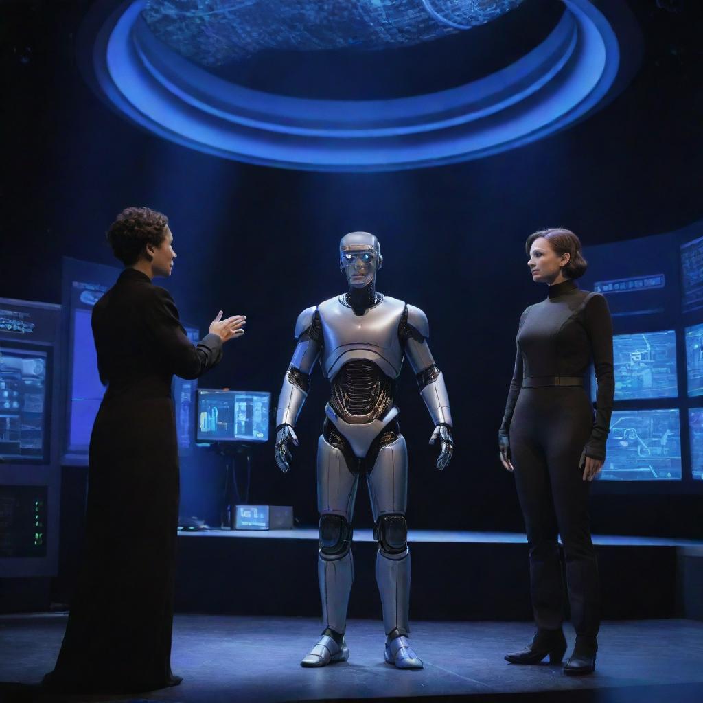 A science theater scene elaborating on technology and Artificial Intelligence, featuring actors in futuristic costumes, interactive digital displays and AI-controlled machines on an advanced stage setup.