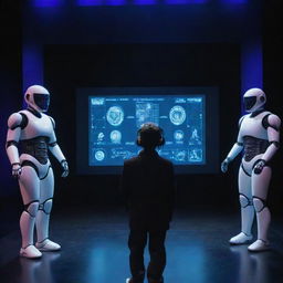 A science theater scene elaborating on technology and Artificial Intelligence, featuring actors in futuristic costumes, interactive digital displays and AI-controlled machines on an advanced stage setup.