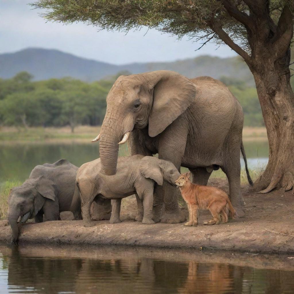 A group of diverse animals sharing a peaceful moment together in a tranquil setting.