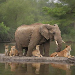 A group of diverse animals sharing a peaceful moment together in a tranquil setting.