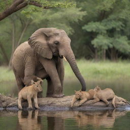 A group of diverse animals sharing a peaceful moment together in a tranquil setting.