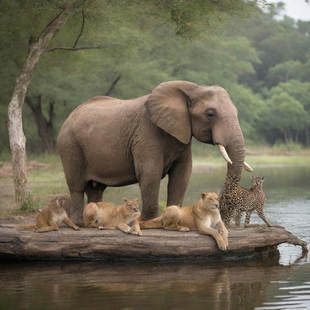 A group of diverse animals sharing a peaceful moment together in a tranquil setting.