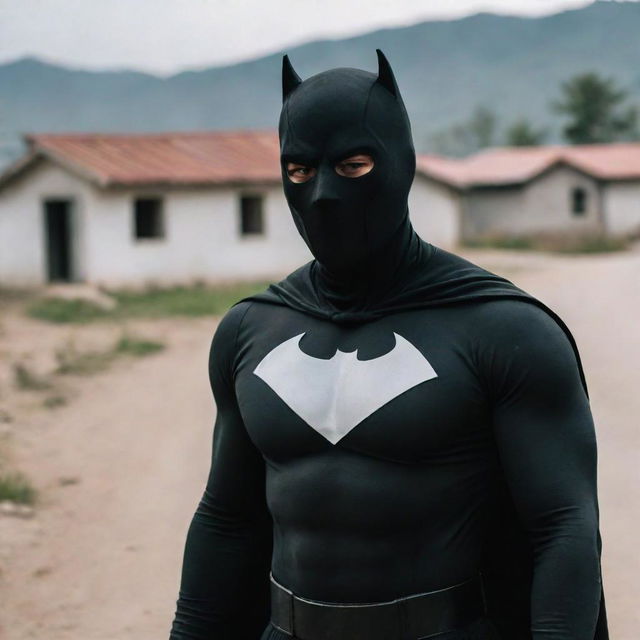 A superhero in black attire with a unique face mask and distinct symbol, combating drug mafia in a village setting.