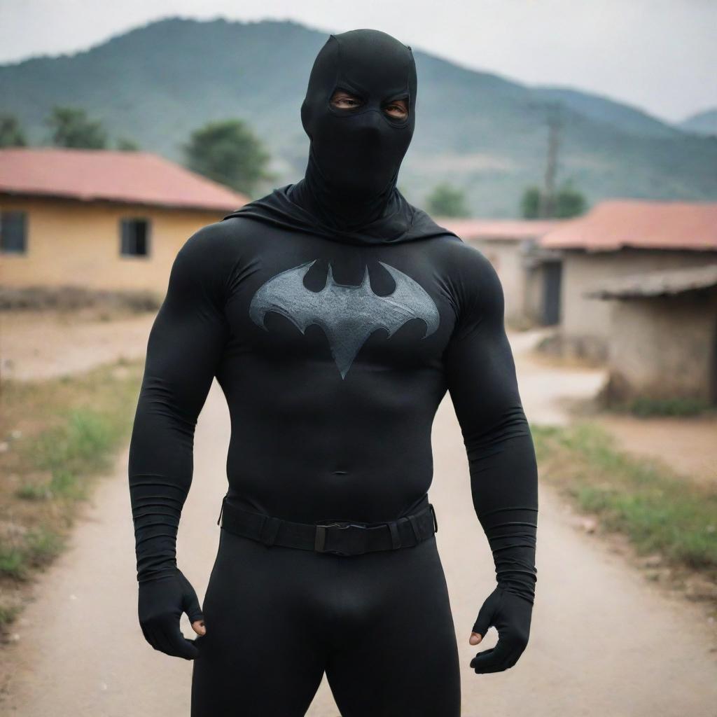 A superhero in black attire with a unique face mask and distinct symbol, combating drug mafia in a village setting.