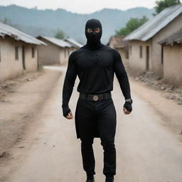 A superhero in black attire with a unique face mask and distinct symbol, combating drug mafia in a village setting.