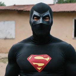 A superhero in black attire with a unique face mask and distinct symbol, combating drug mafia in a village setting.