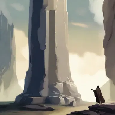 In the fantasy novel, the main character uses a magic spell to tip over a giant stone pillar.