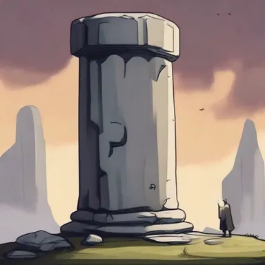 In the fantasy novel, the main character uses a magic spell to tip over a giant stone pillar.
