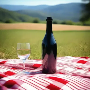 During the romantic picnic, a gentle breeze caused the wine bottle on the blanket to tip over.