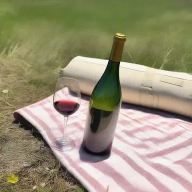 During the romantic picnic, a gentle breeze caused the wine bottle on the blanket to tip over.
