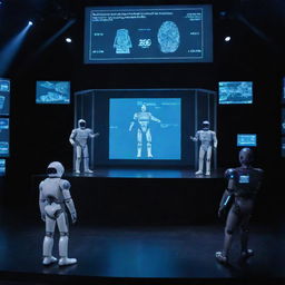 A scene from a science theater discussing technology and AI; actors are in tech-inspired costumes, with AI robots performing alongside, stage illuminated by digital screens displaying futuristic graphics.