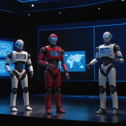 A scene from a science theater discussing technology and AI; actors are in tech-inspired costumes, with AI robots performing alongside, stage illuminated by digital screens displaying futuristic graphics.