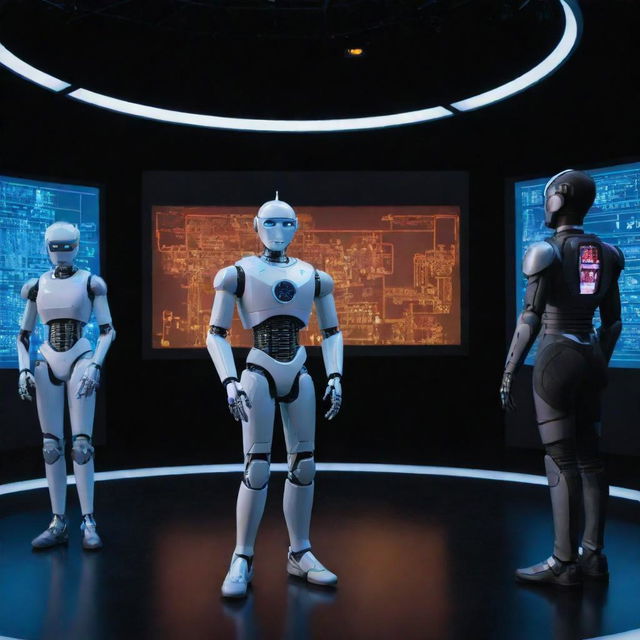 A scene from a science theater discussing technology and AI; actors are in tech-inspired costumes, with AI robots performing alongside, stage illuminated by digital screens displaying futuristic graphics.