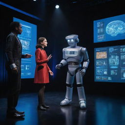 A scene from a science theater discussing technology and AI; actors are in tech-inspired costumes, with AI robots performing alongside, stage illuminated by digital screens displaying futuristic graphics.