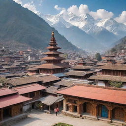 An online shop in Nepal featuring a variety of local products, including beautiful handicrafts, vibrant textiles, and organic food items, set against a backdrop of snow-capped Himalayan mountains and temple architectures.