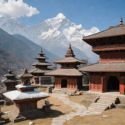 An online shop in Nepal featuring a variety of local products, including beautiful handicrafts, vibrant textiles, and organic food items, set against a backdrop of snow-capped Himalayan mountains and temple architectures.