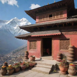 An online shop in Nepal featuring a variety of local products, including beautiful handicrafts, vibrant textiles, and organic food items, set against a backdrop of snow-capped Himalayan mountains and temple architectures.