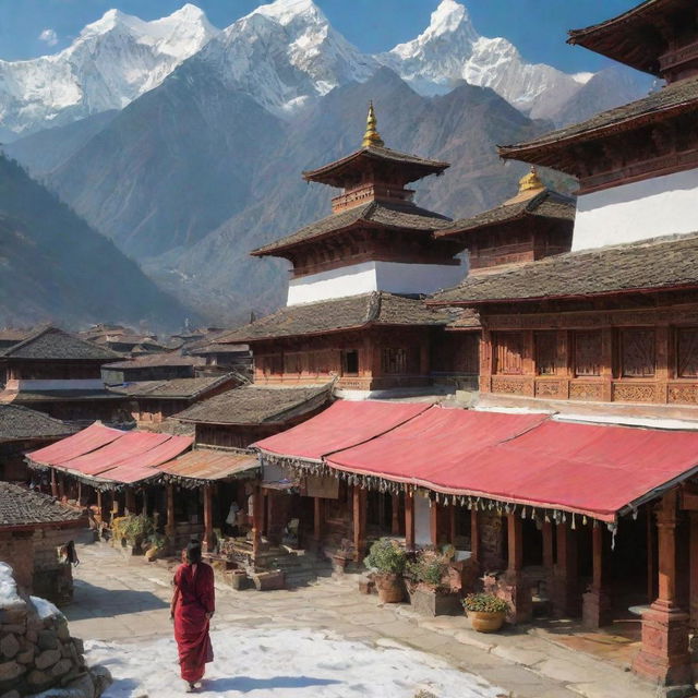 An online shop in Nepal featuring a variety of local products, including beautiful handicrafts, vibrant textiles, and organic food items, set against a backdrop of snow-capped Himalayan mountains and temple architectures.