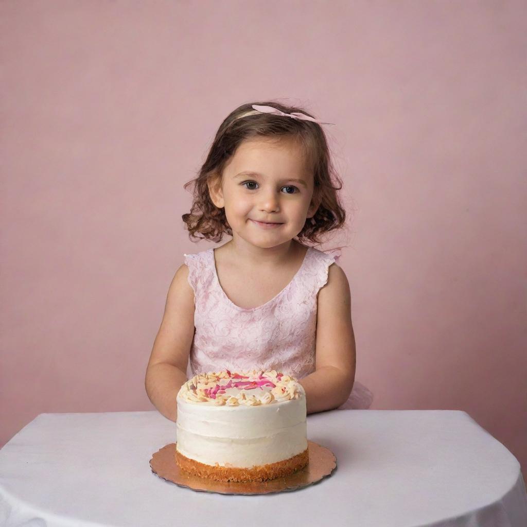 A 4-year-old girl in a photography setting, sitting in front of a cake with the name 'Daisha' inscribed on it.