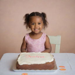 A 4-year-old girl in a photography setting, sitting in front of a cake with the name 'Daisha' inscribed on it.