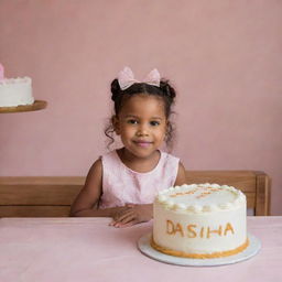 A 4-year-old girl in a photography setting, sitting in front of a cake with the name 'Daisha' inscribed on it.